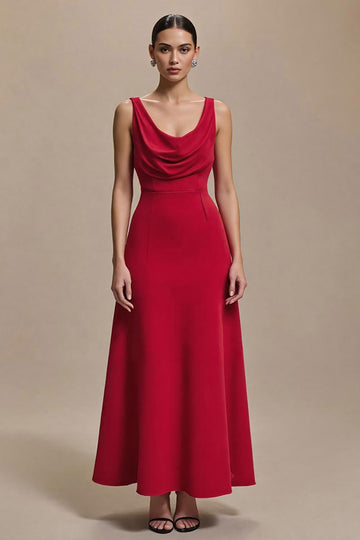 Cowl Neck Red A Line Long Formal Dress